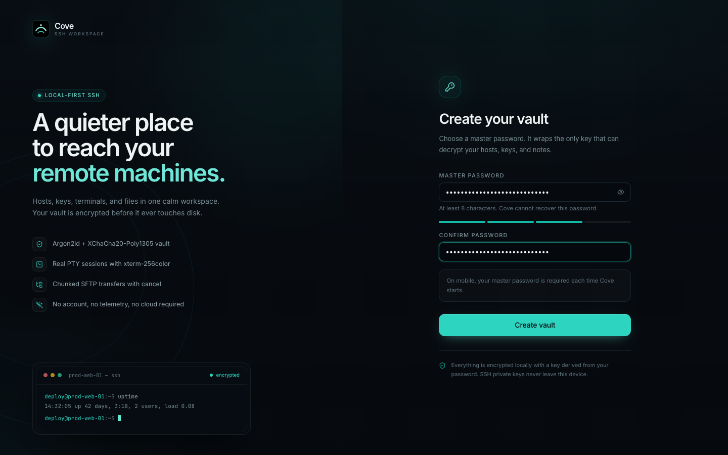Create vault screen with the master password strength meter