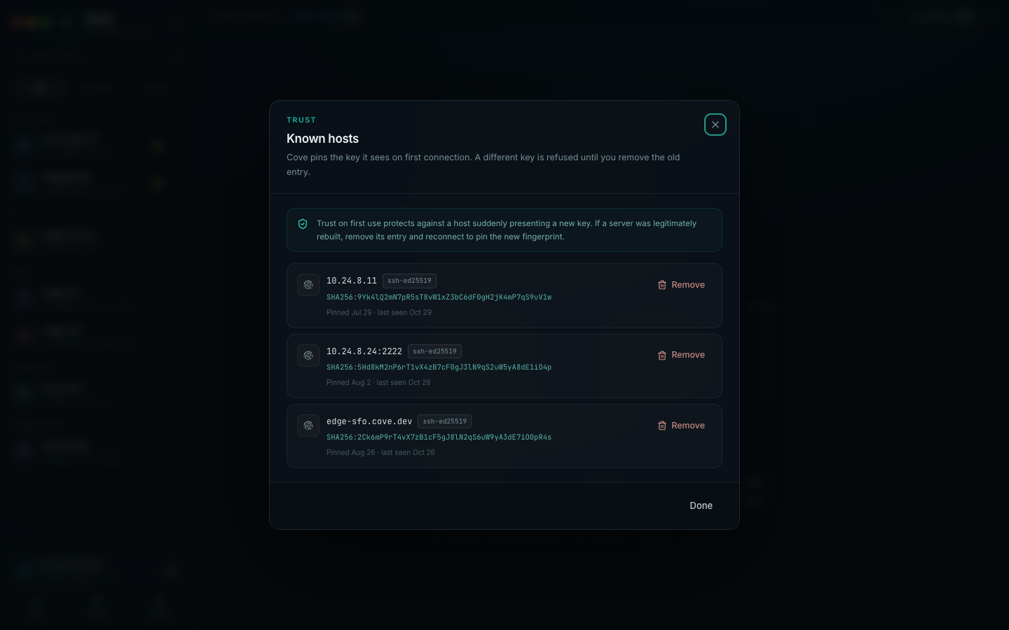 Known hosts dialog listing pinned fingerprints