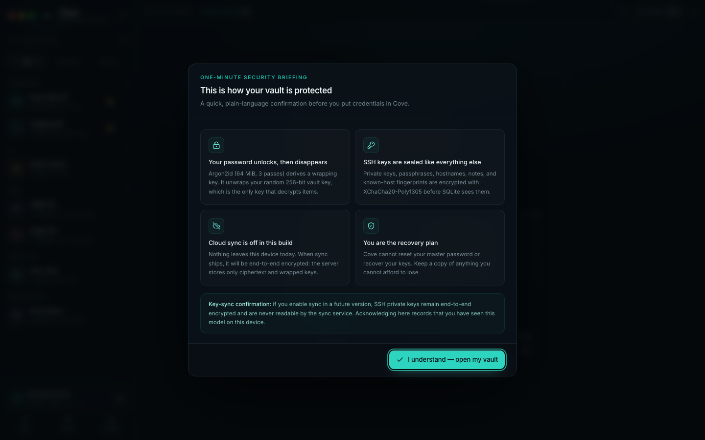 First-run security briefing explaining the vault model