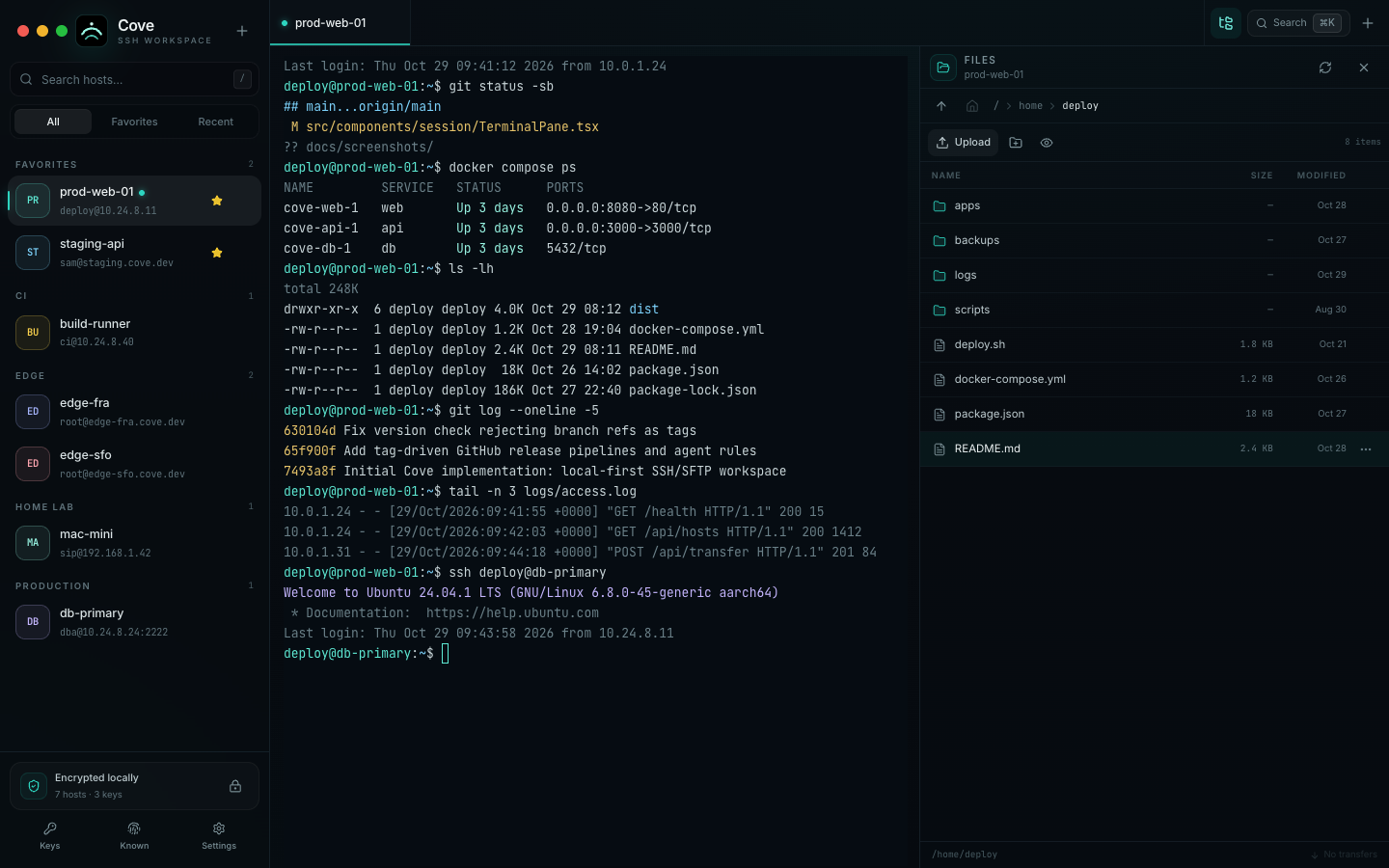 SFTP file browser docked beside a live terminal