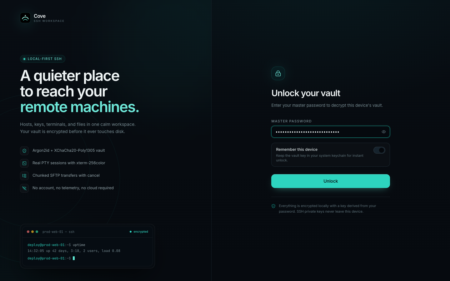 Unlock vault screen with an optional remember-this-device toggle